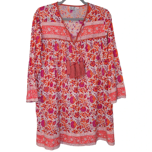SZ Blockprints Tuckernuck Indian Cotton Dress Neon Orange/Pink Size Medium
